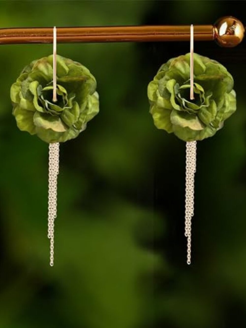 Bohemian Vacation Fabric Flower Gold‎ Tassel Lightweight Clip Earrings Handmade
